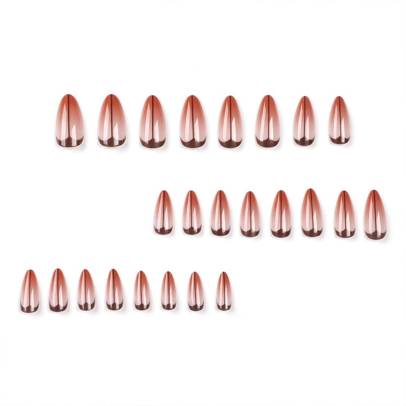 SINHOT Long Stiletto Press on Nails French Tip Almond Fake Nails Glossy Glue on Nails Brown Gradient Acrylic Nail Artificial Nail Black Line Stick on False Nail with Design 24 pcs - Image 5